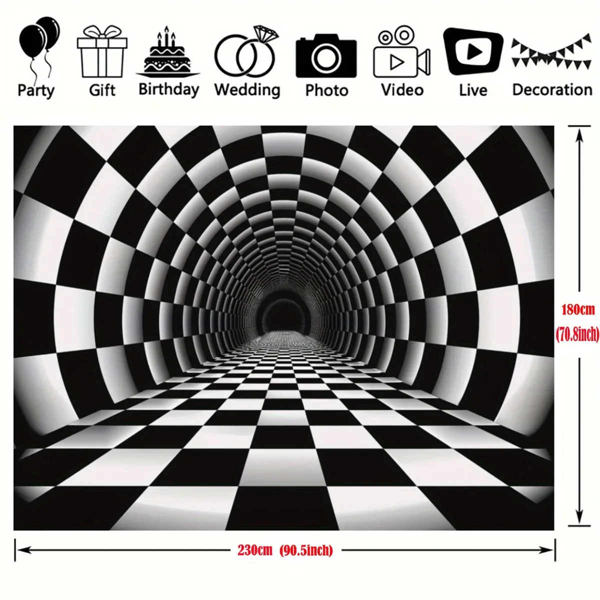 Black White Checkerboard Tunnel Optical Illusion Tapestry Psychedelic Wall Art Party Photo Booth Decor Geometric 3D Effect Print