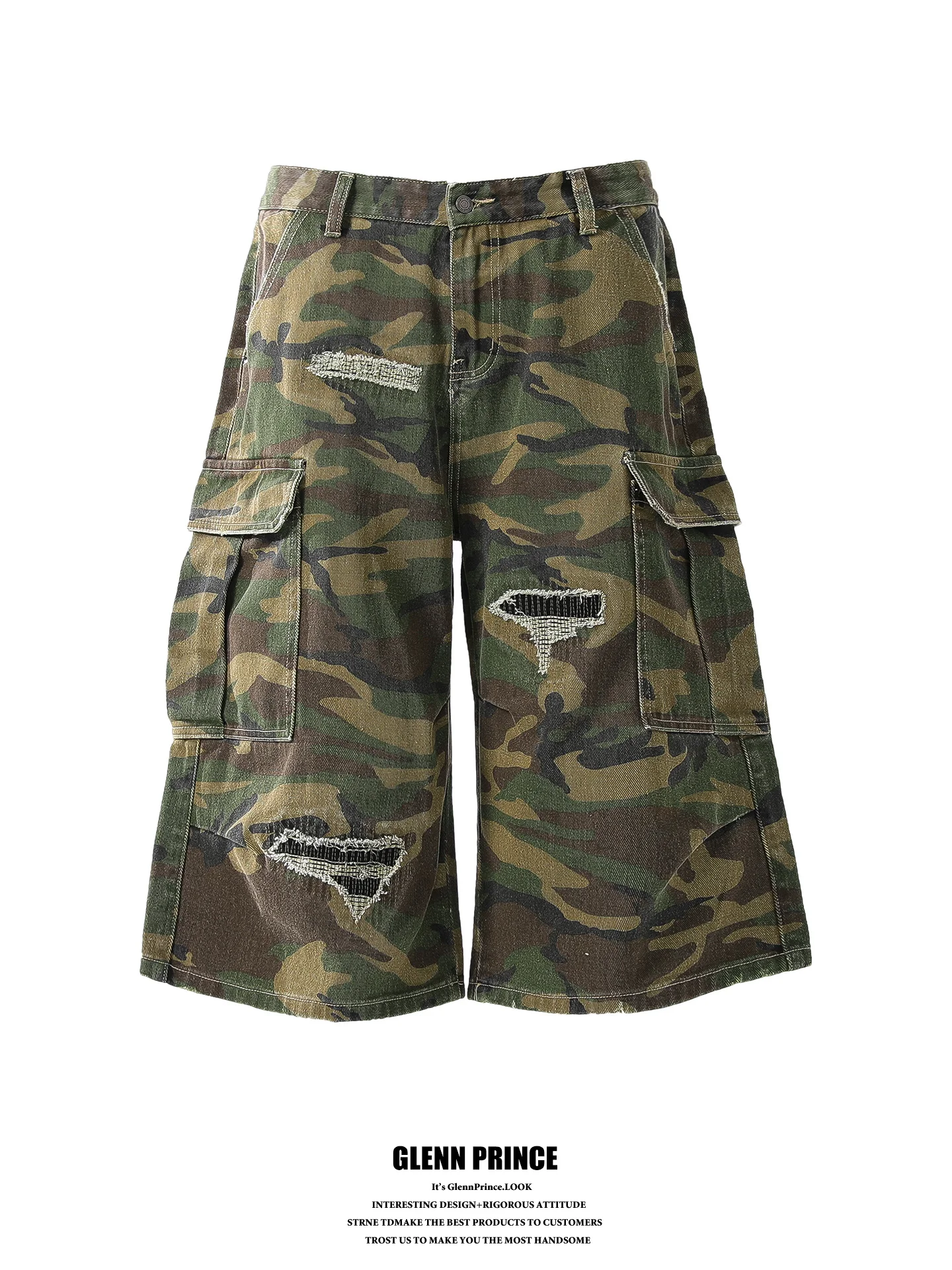 

American Retro Camouflage Patchwork Workwear Shorts Men's Summer Trendy High Street Vibe Seven-Foot Short Jeans