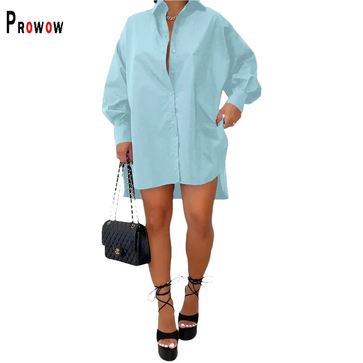 Prowow Casual Women Blouse Long Sleeve Hem Split Summer Fall Outfits for Office Lady Solid Color Single Breasted Clothing