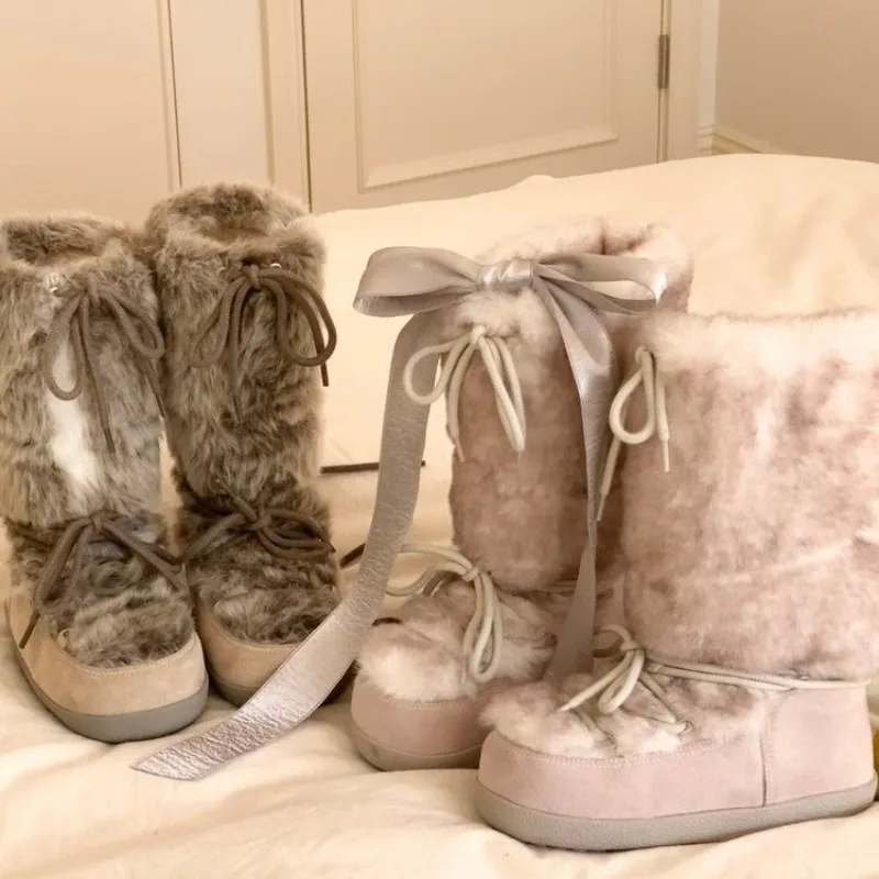 2025 Botas de nieve de punta redonda de cilindro medio grueso de esquí de invierno para mujer