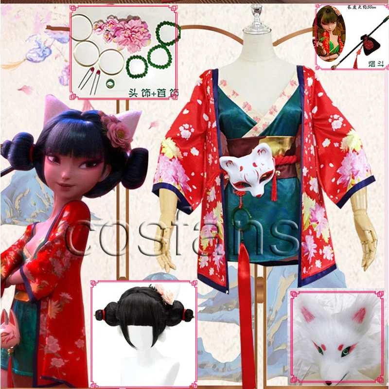 Disfraz de cosplay de Serpiente Blanca para mujer, máscara de fiesta, Vestido corto, kimono, batas, cárdigan floral, película de dibujos animados chinos, zorro, demonio