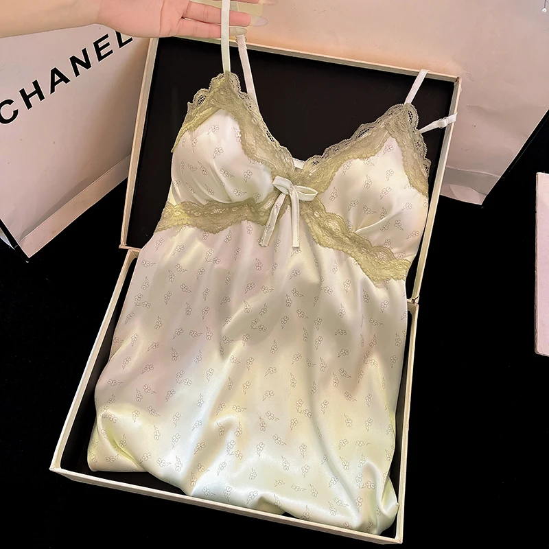 DAIMELU ice silk nightdress women's summer sexy sleepwear skirt pajamas light green lace print loungewear lady nightgown girl