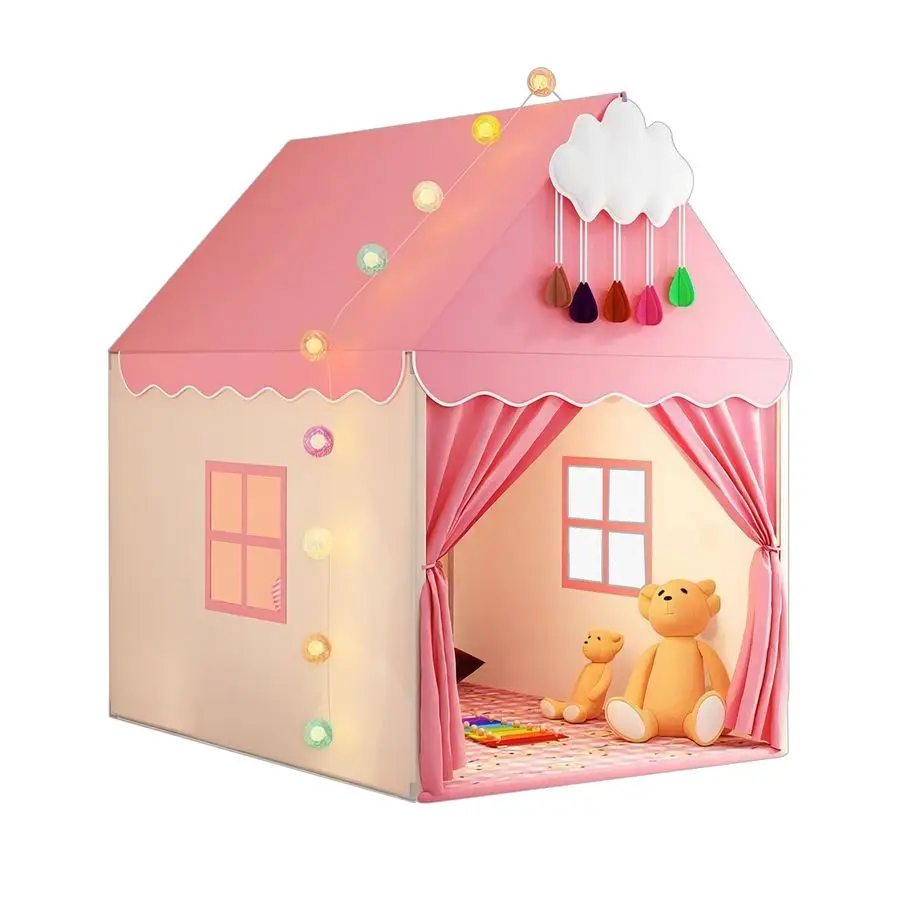 Kinderspeeltent met mat, wolken- en balverlichting Groot speelhuisje voor kinderen en meisjes Prinsessenkasteeltent voor bed Binnenversterker Ou
