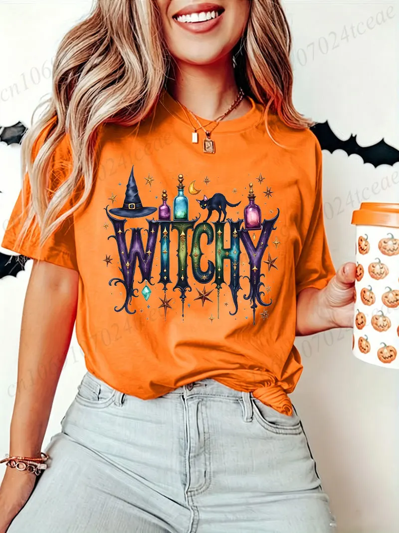 Damen-T-Shirt mit Hexen-Grafik, Halloween-Hexenhut, schwarze Katze, Mond- und Sternmuster, kurzärmeliges, lässiges T-Shirt für Hexenpartys. – Detail 6