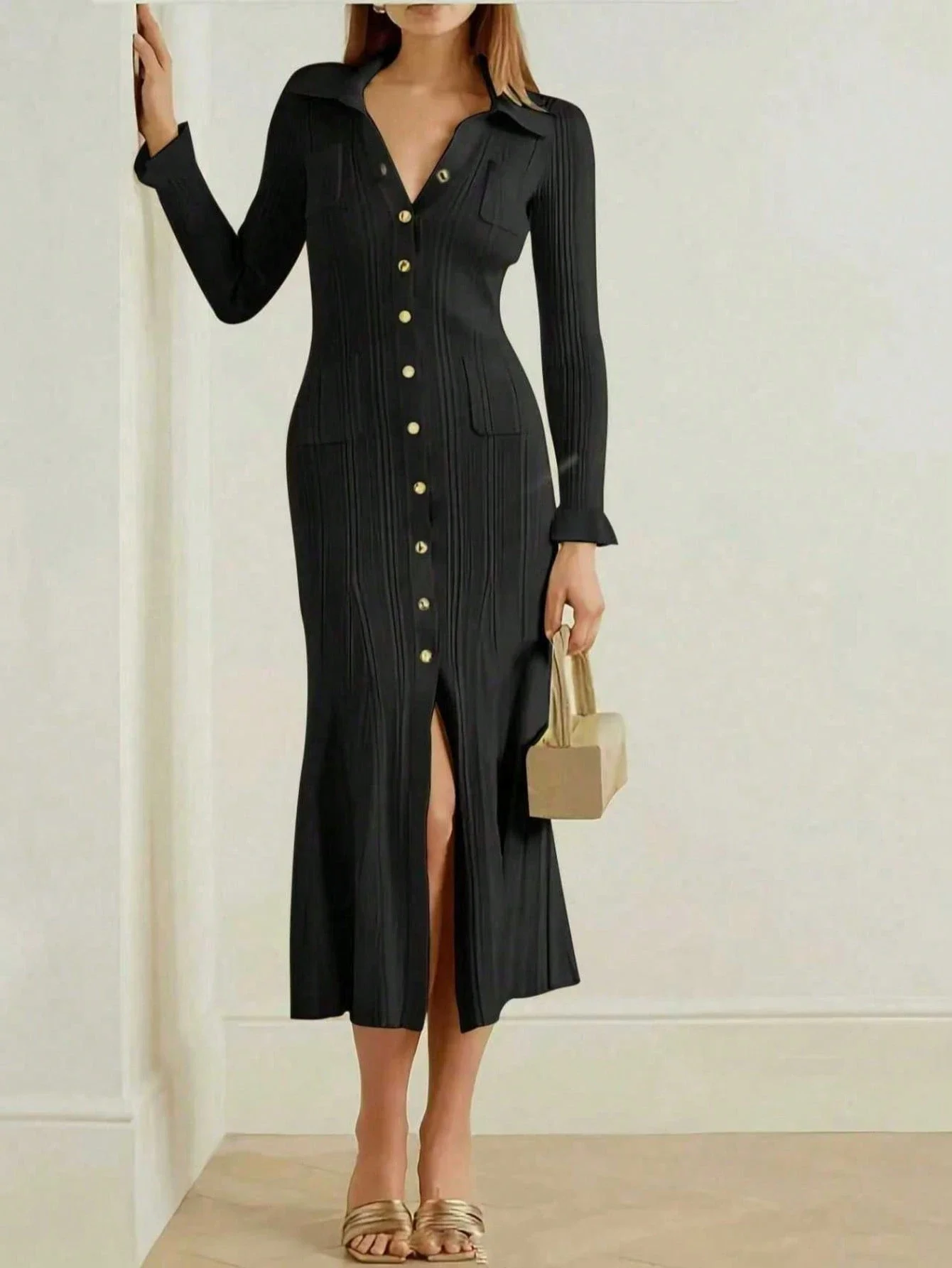 Elegant Knit Shirt Dress With Front Buttons And Pockets Black