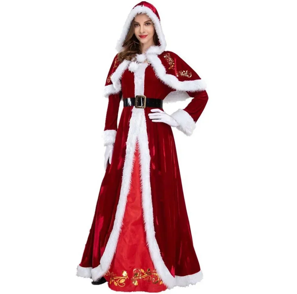 Traje de natal de veludo vermelho de luxo adultos festa de natal cosplay casal papai noel roupas para homens e mulheres terno plus size