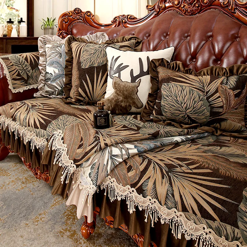 

Chenille Leaf Embroidery Sofa Cushion Four Seasons General Non-slip Sofa Cover Home Decoration Fashion Brown Beige Seat Cushion