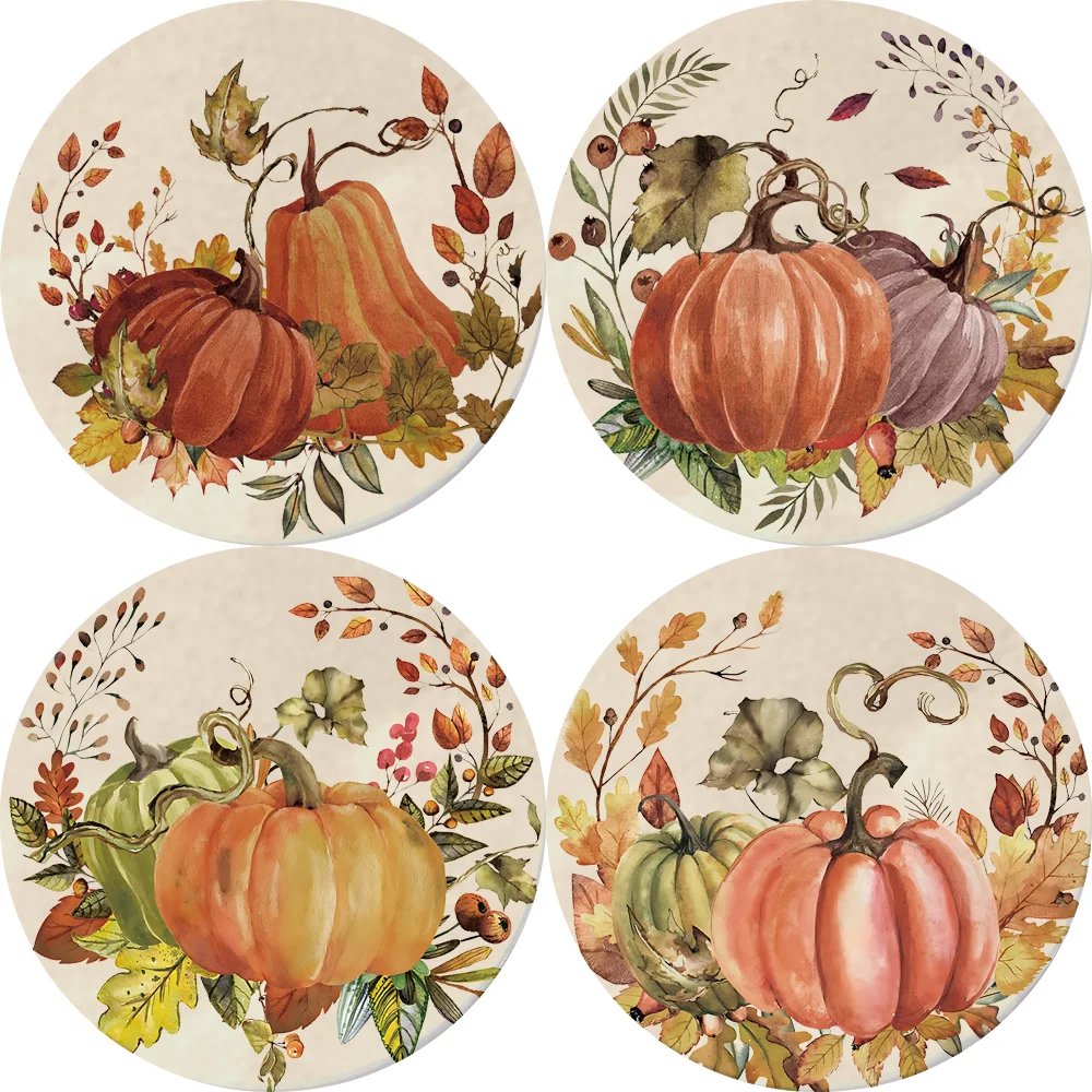 Fall Thanksgiving Coaster Vintage Autumn Pumpkin Leaves Drink Coaster Absorbent Natural Ceramic Coaster Retro Harvest Cup Mat