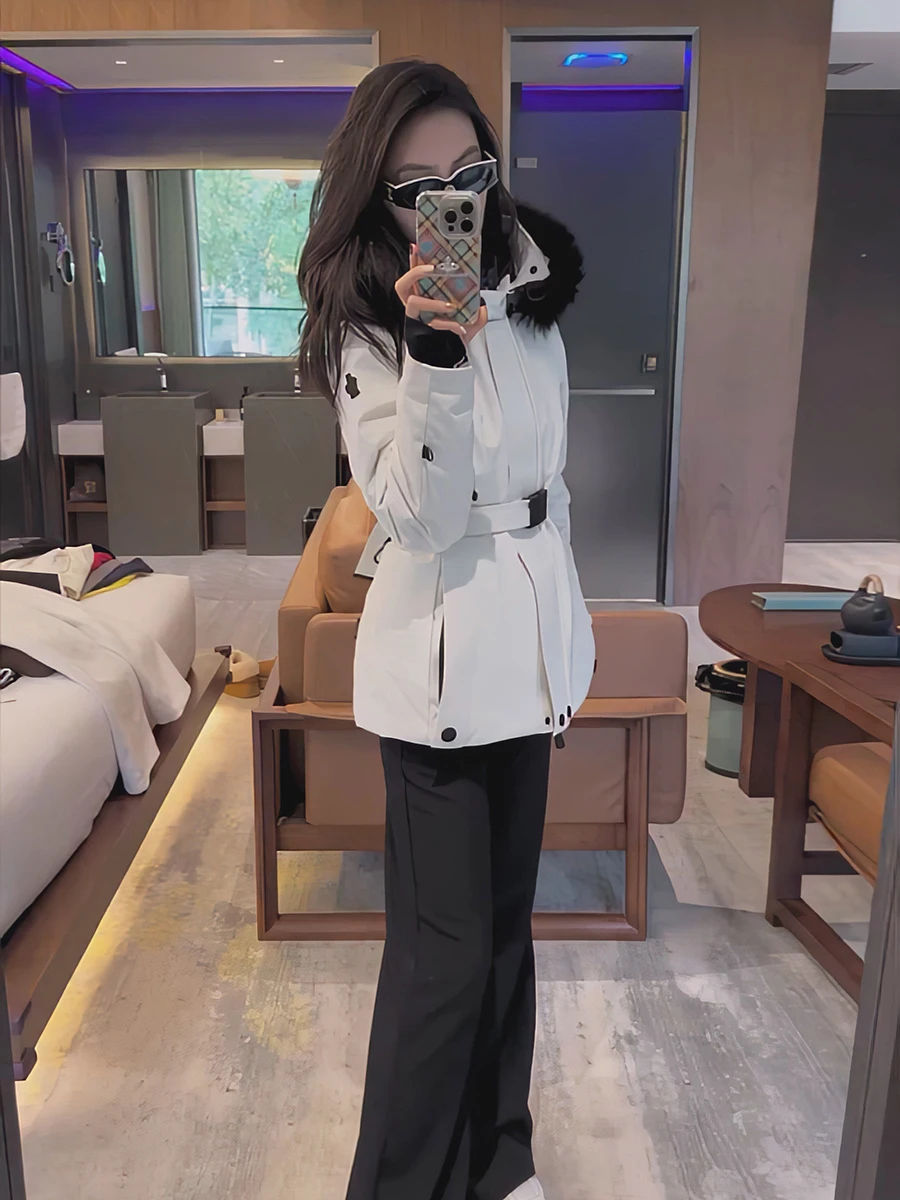 فريد سوبر Sli المرأة أسفل Jaet الشتاء الثلوج التزلج معطف دافئ الخصر مقصوص كبير الفراء طوق فو الفراء معطف مقنع