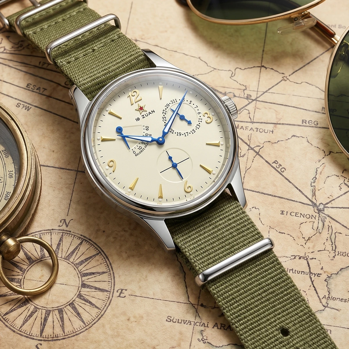 TIME TOKEN 1963 Chinese Air Force Watch Cream Dial Power Reserve  Date Subdial Seagull ST17 NATO Strap Men's Wristwatch T445