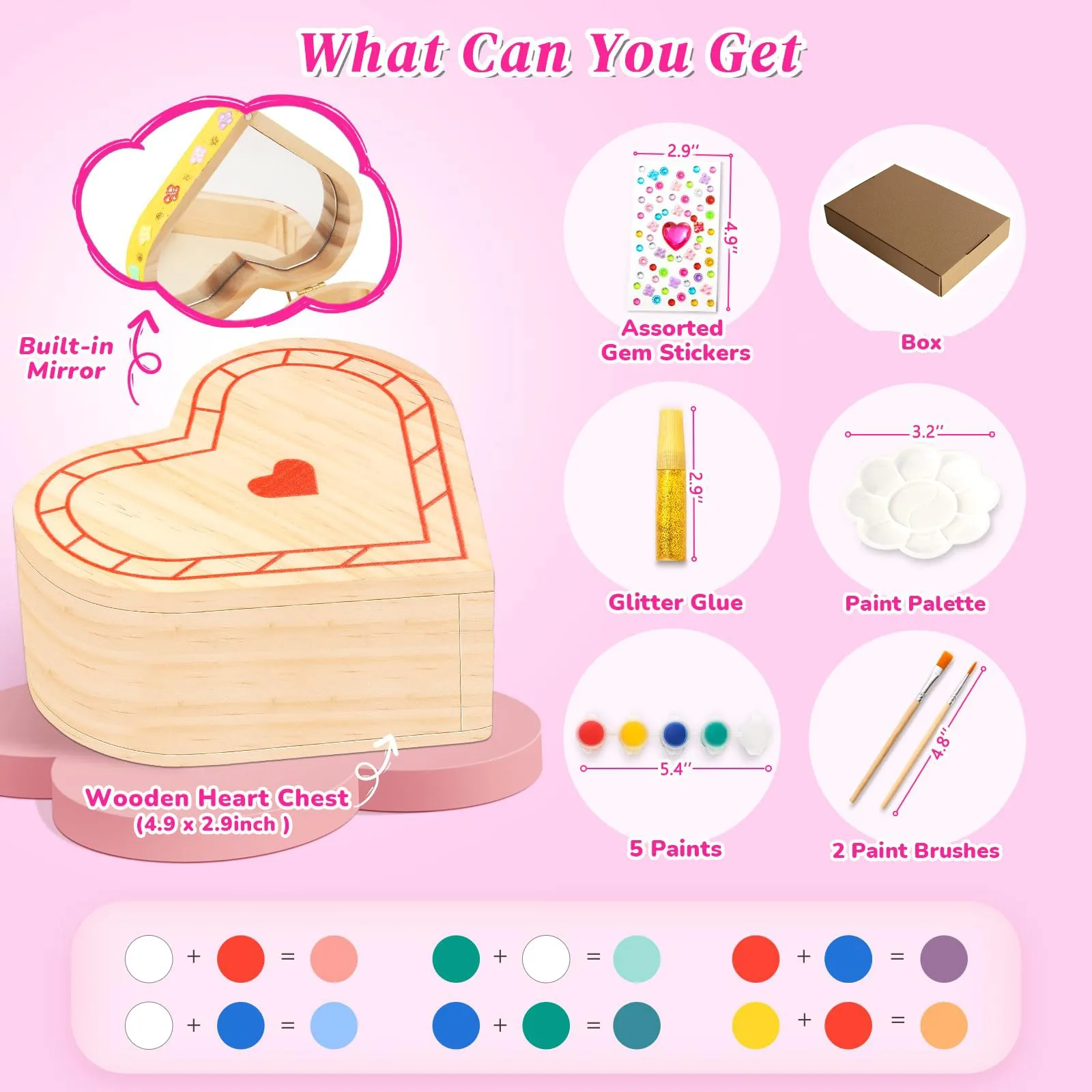 Paint Your Own Wooden Kids Heart Treasure Box Kit - Children's Day Art Kits for Kid Girl DIY Jewelry Box Toys Birthday Gift