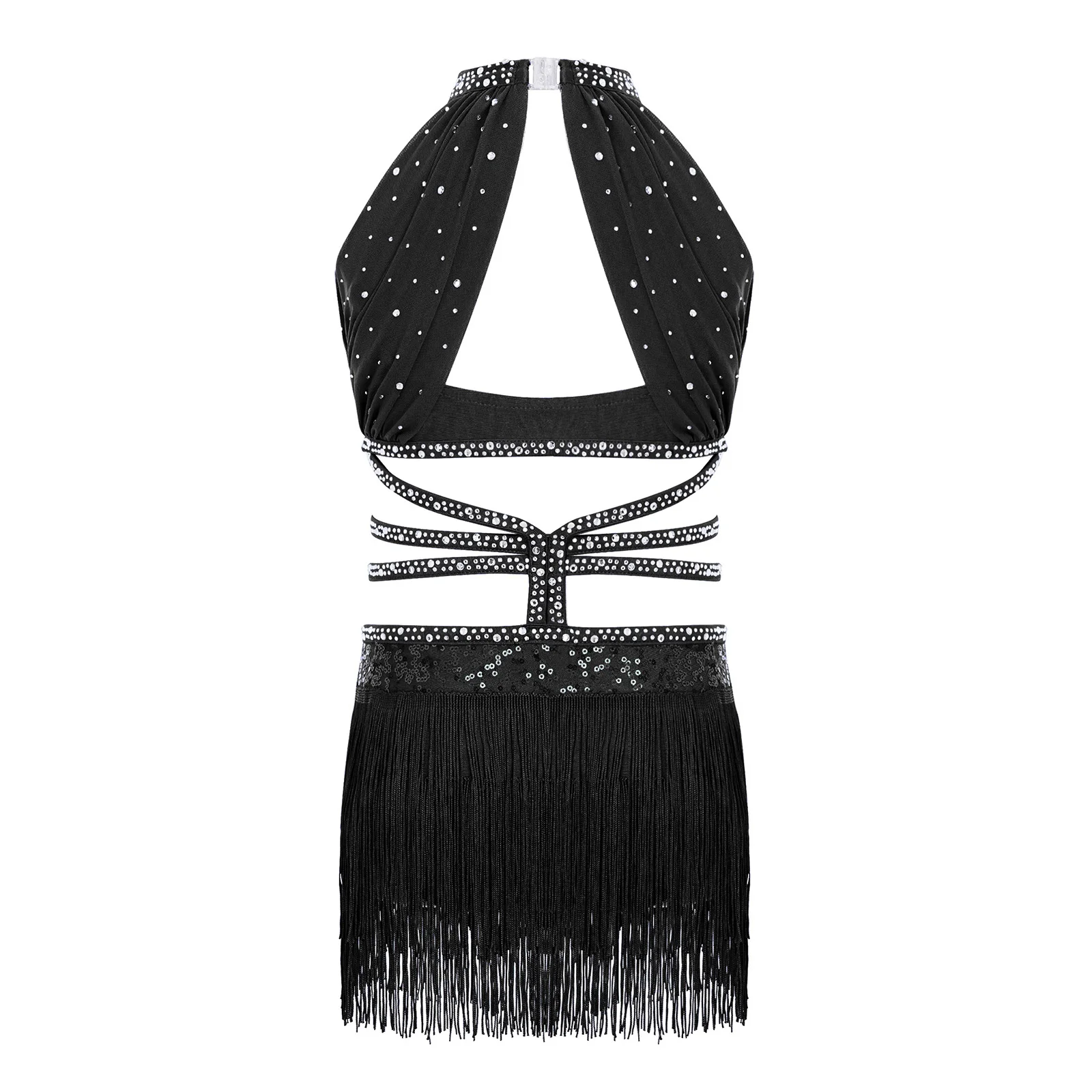Kinderen Meisjes Samba Salsa Danskostuum Lyrische Latin Dans Turnpakje Jurk Strass Halter Mouwloos Kwastje Body Dancce Wear