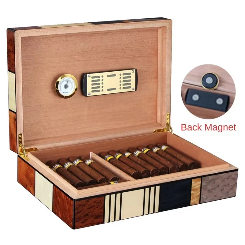 Luxury Geometric Wooden Humidor Box Holds 30 Cigars Built-in Humidifier Simple & Light Luxury Design