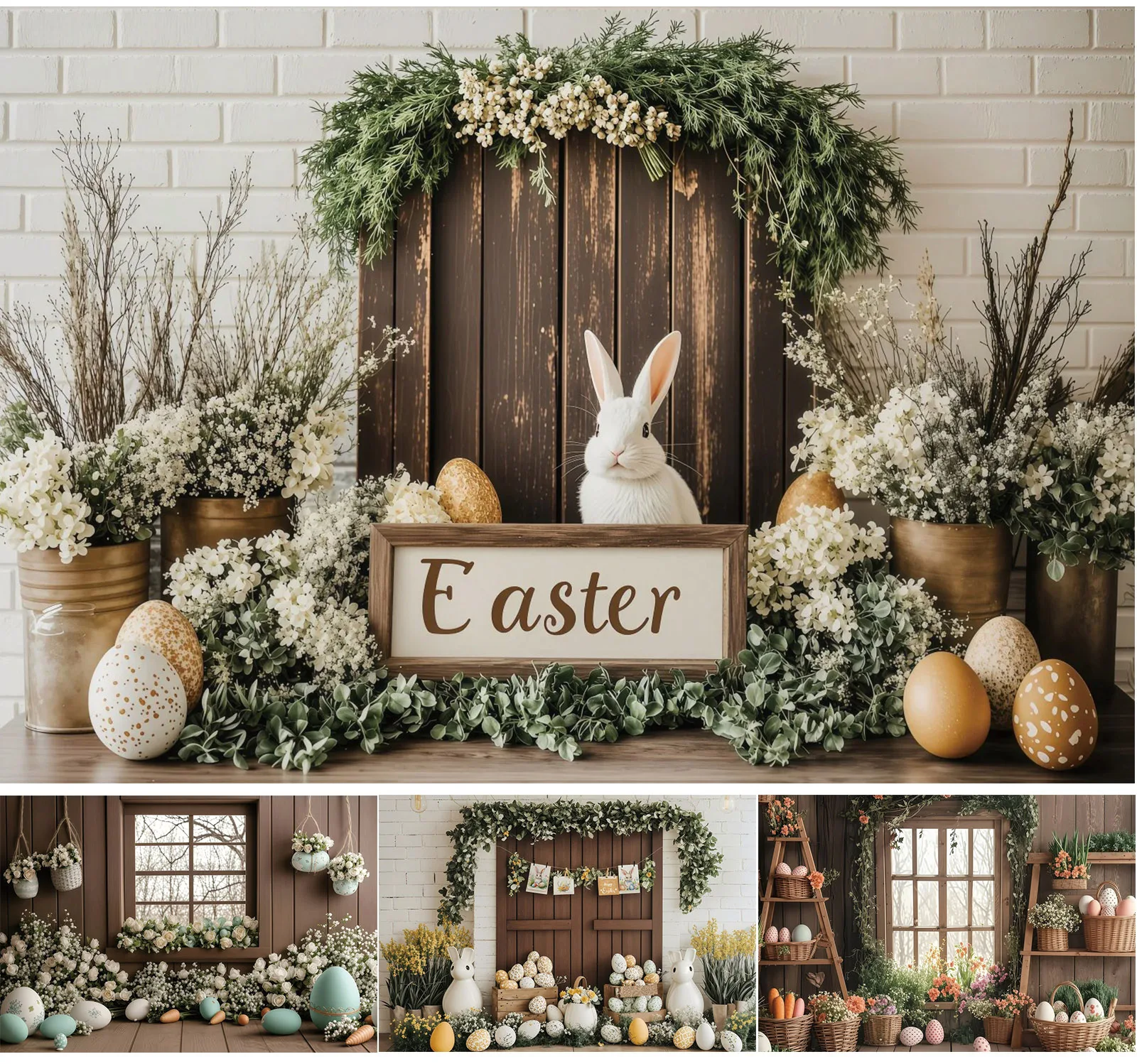 Fondo de fotografía de conejito, huevos de Pascua, puerta de madera, ventana, hojas verdes, flor blanca, decoración de fiesta de cumpleaños, Baby Shower