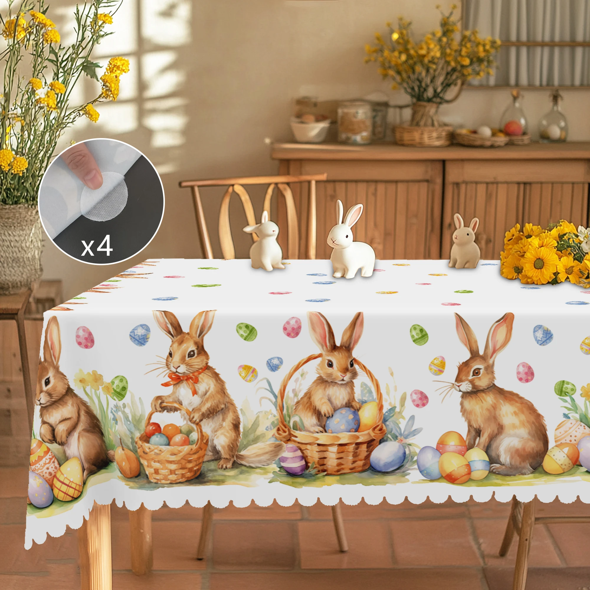 1 Easter Round Tablecloth, 5 Sizes Available, Easter Tulip Egg Rabbit Printed Square Tablecloth, Edge Embossing Process, Spring Garden Tablecloth