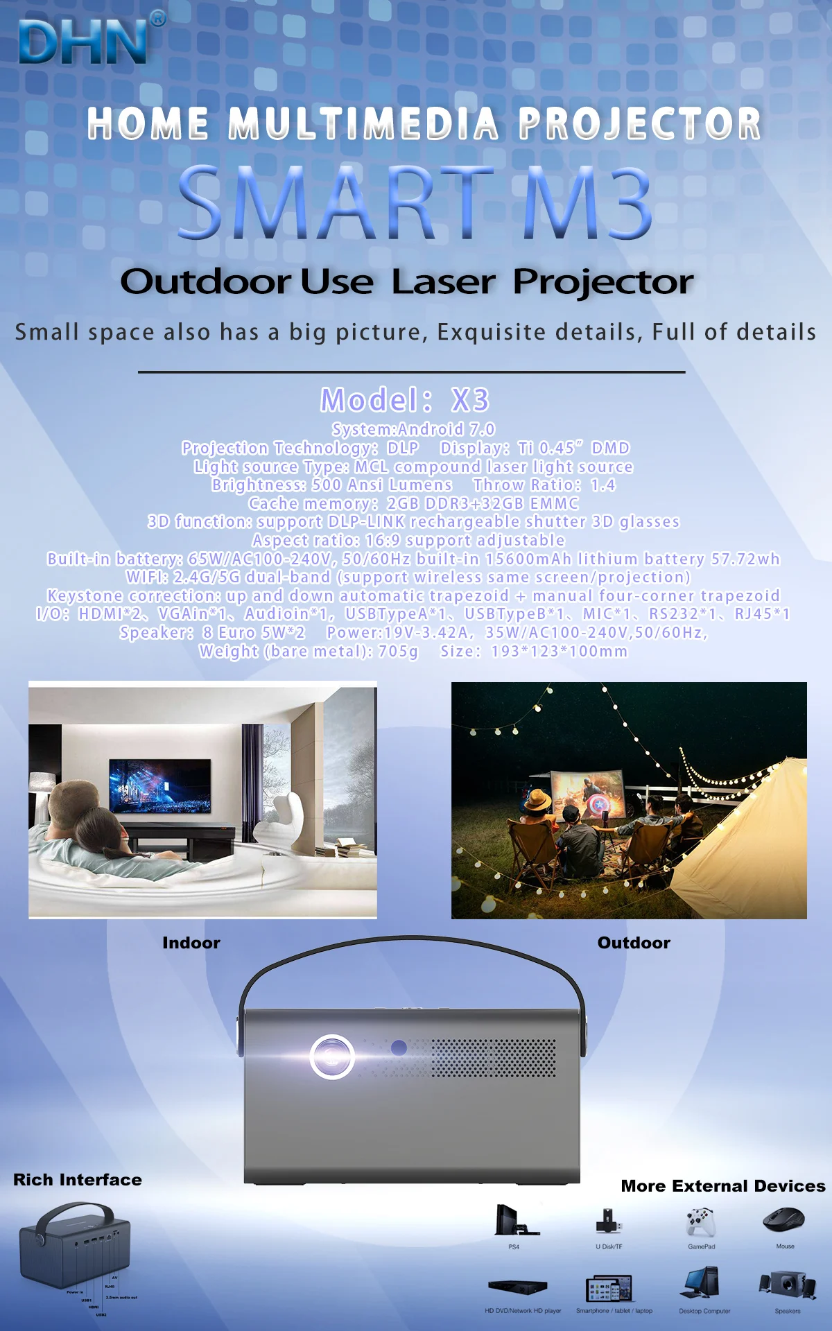 DHN M3 Pro Flagship chip Pro Outdoor Portable mini projector for HD video Inter battery intelligent voice