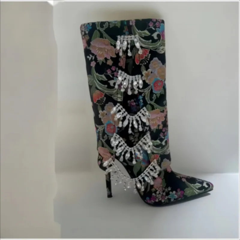 2024 Traditional Embroidered Diamond Beaded Tassel Boots Pointed Thin High Heels Fashion Calf Boots Bohemian Women's Shoes 35-43