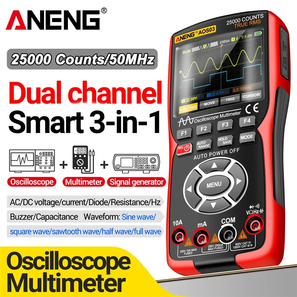 ANENG AOS03 Digital Multimeter 280MS Rate PC Waveform 50MHz Bandwidth Data Storage Dual Oscilloscope Signal Generator Tools