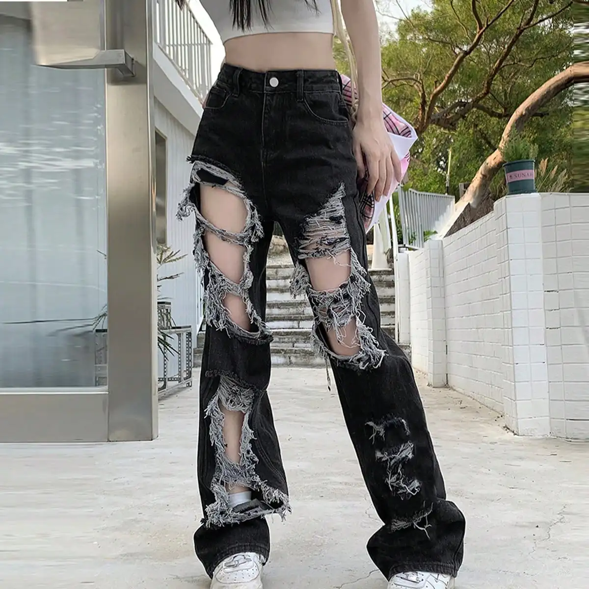 Korean Chic Early Autum American Street Style Ripped Jeans Sexy High Waist Slim Beggar Wide Leg Pants for Women