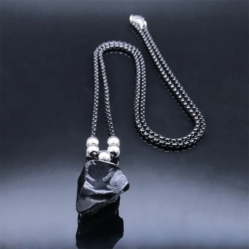 Boho Obsidian Natural Stone Bead Lucky Necklace Pendant Women Stainless Steel Black Color Chain Necklace Fashion Jewelry NGG47-1