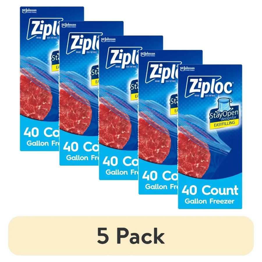 

(5 pack) Freezer Bags, School Supplies, with Grip 'n Seal Technology, Gallon, 40 Count