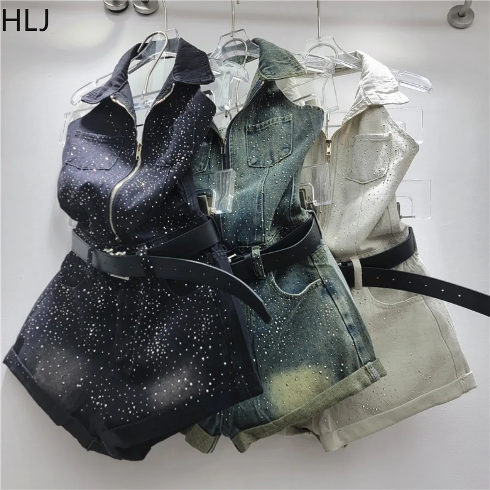 HLJ Y2K Sexy Rhinestone Patchwork Denim Romper for Women Halter Neck Zipper Bodycon Short Jumpsuit Female Streetwear Overalls