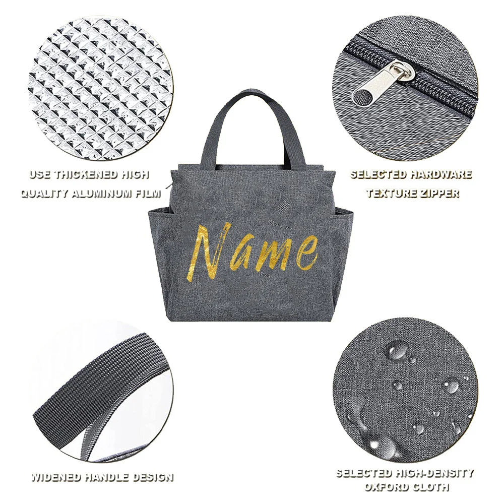 Customized Name Insulated Grey Lunch Bag Personalized Aluminum Foil Bento Lunch Bag Portable Insulated Picnic Food Bag