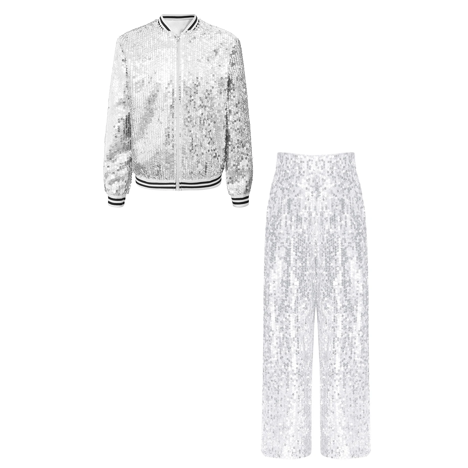 Kids Girls Hip Hop Jazz Street Dance Stage Performance Outfit Shiny Sequin Baseball Jacket with Wide-leg Pants Party Dancewear