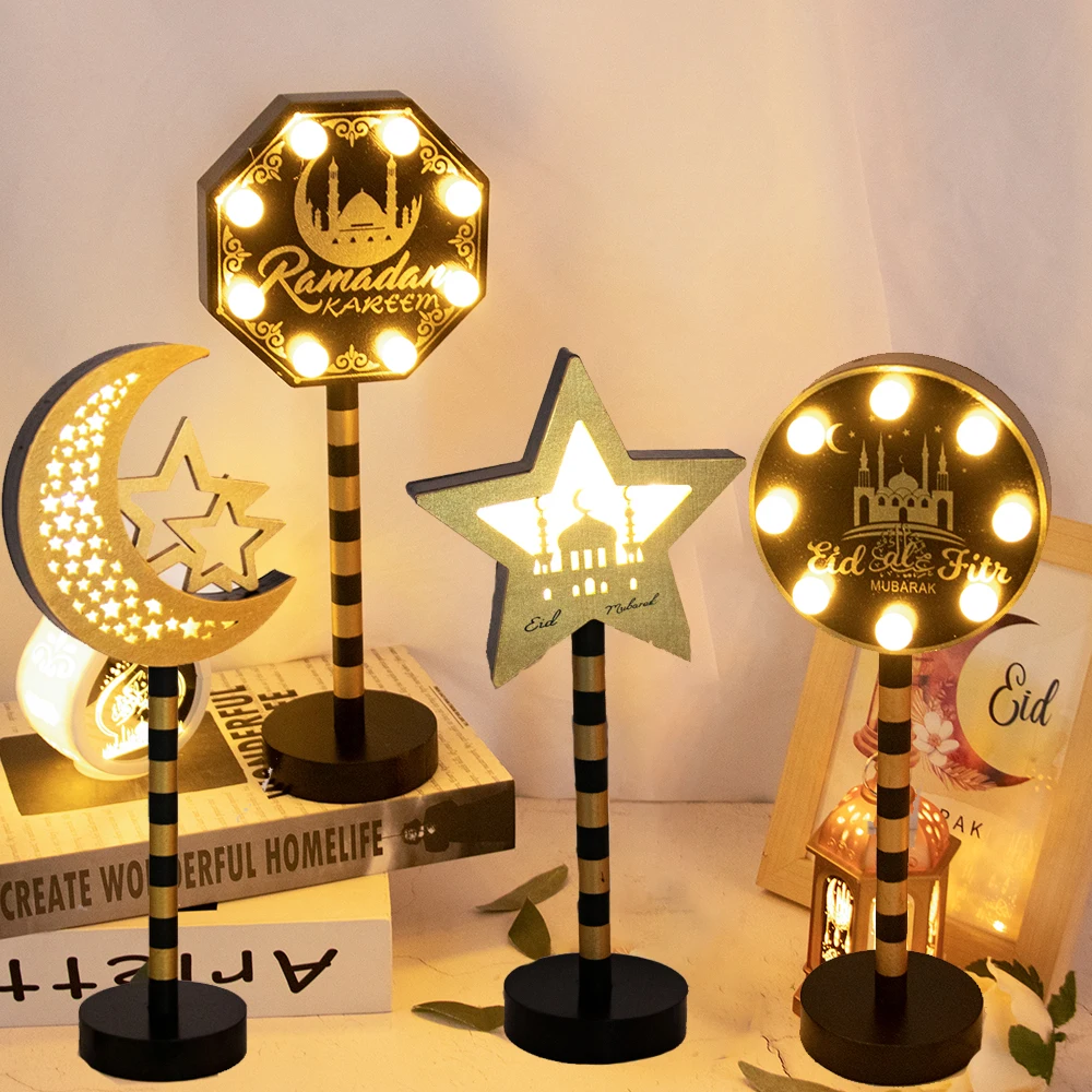 

Moon Star Lamp for Ramadan Decorations Wooden desktop Ornament Eid Mubarak Lights Lantern for Home Decor Islamic Muslim Party