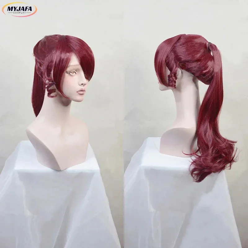 2025 الأميرة ميجارا تأثيري ميج مشبك طويل ذيل حصان النبيذ الداكن الأحمر مقاومة للحرارة الاصطناعية الشعر أنيمي الباروكات + غطاء شعر مستعار