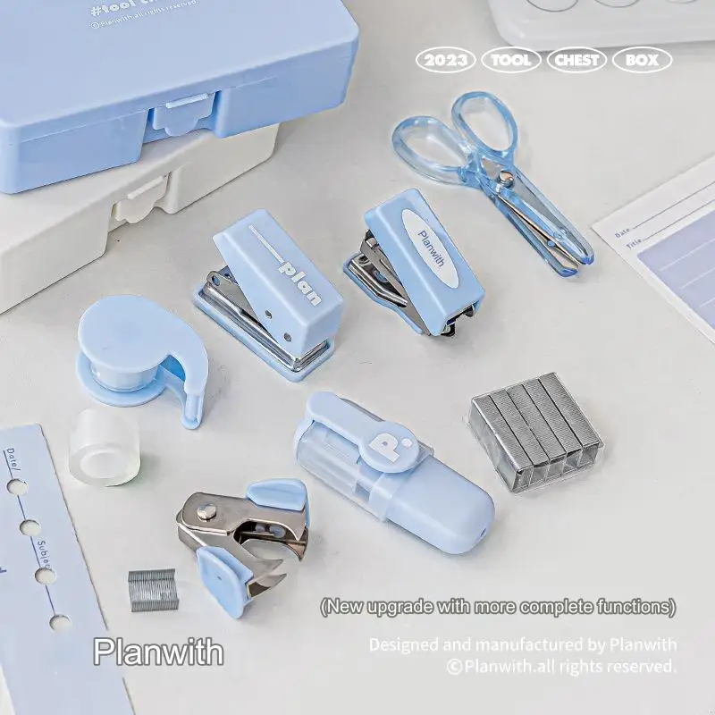 Portable Mini Stapler Box Set, Multifunction Hand Tool Chest DIY Scrapbook Student Stationery, Efficiency Office School Supplies