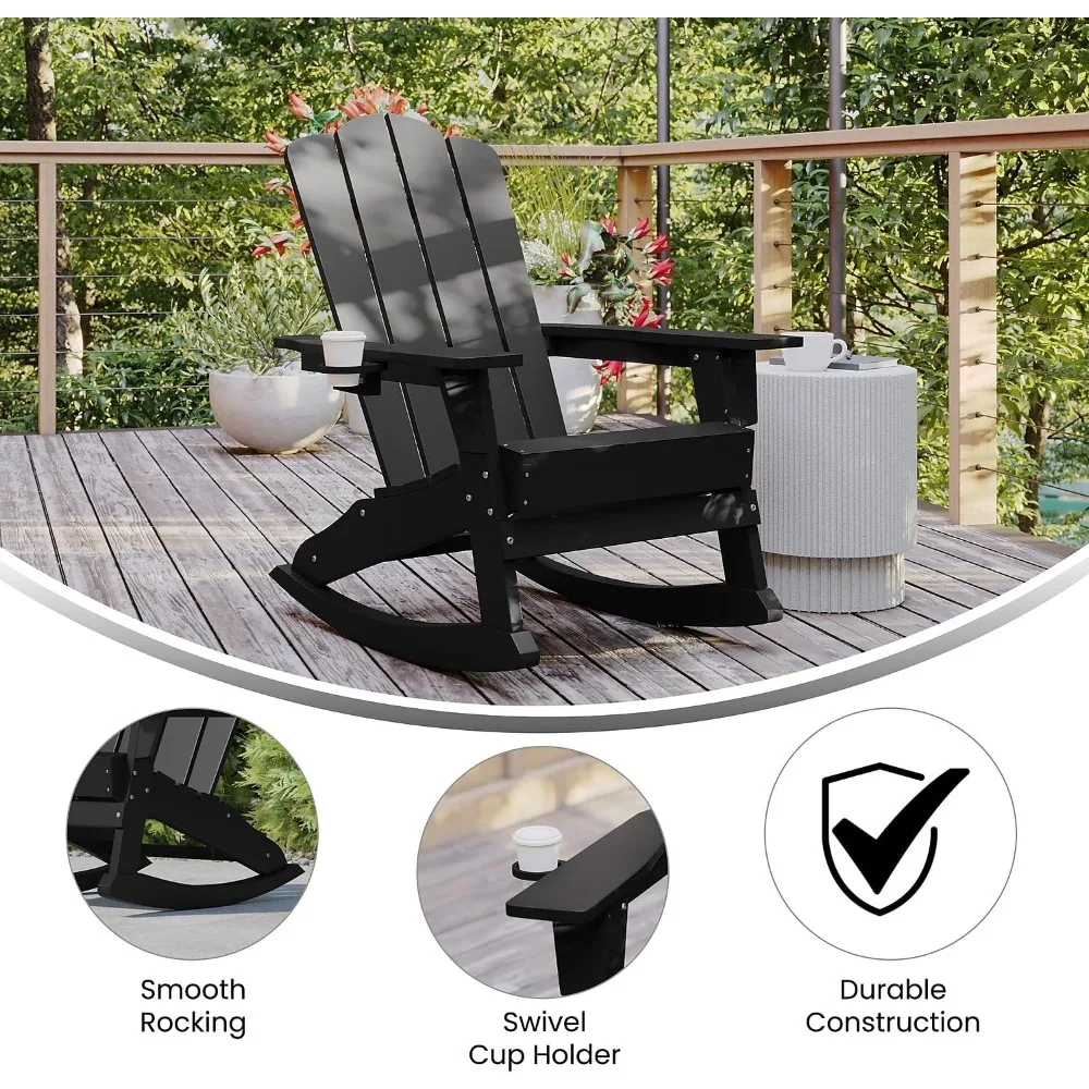 Halifax Adirondack Rocking Chair with Cup Holder, Weather Resistant Poly Resin Adirondack Rocking Chair, Black