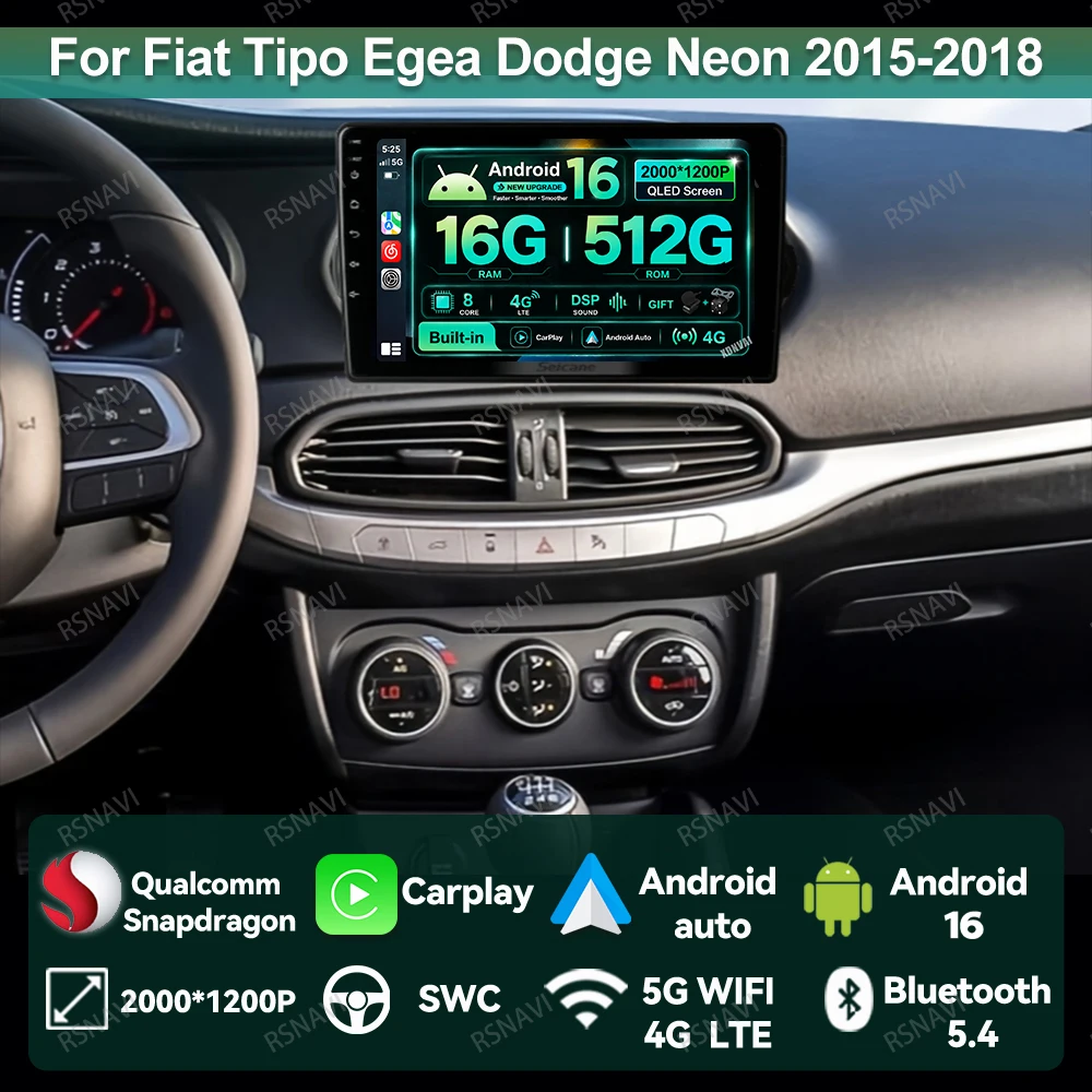 Android 16 Car Radio For Fiat Tipo Egea Dodge Neon 2015-2018 NO 2DIN Head Unit 9/10 Inch WIFI+4G AUTO Systems Qualcomm 8 Core BT