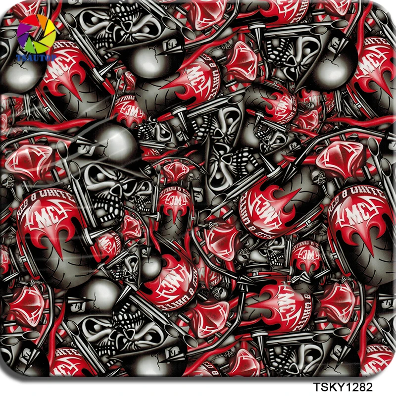 TSAUTOP 0.5m*2m/10m skull fire motorcycle TSKY1282 hydrographic dipping film water transfer printing film