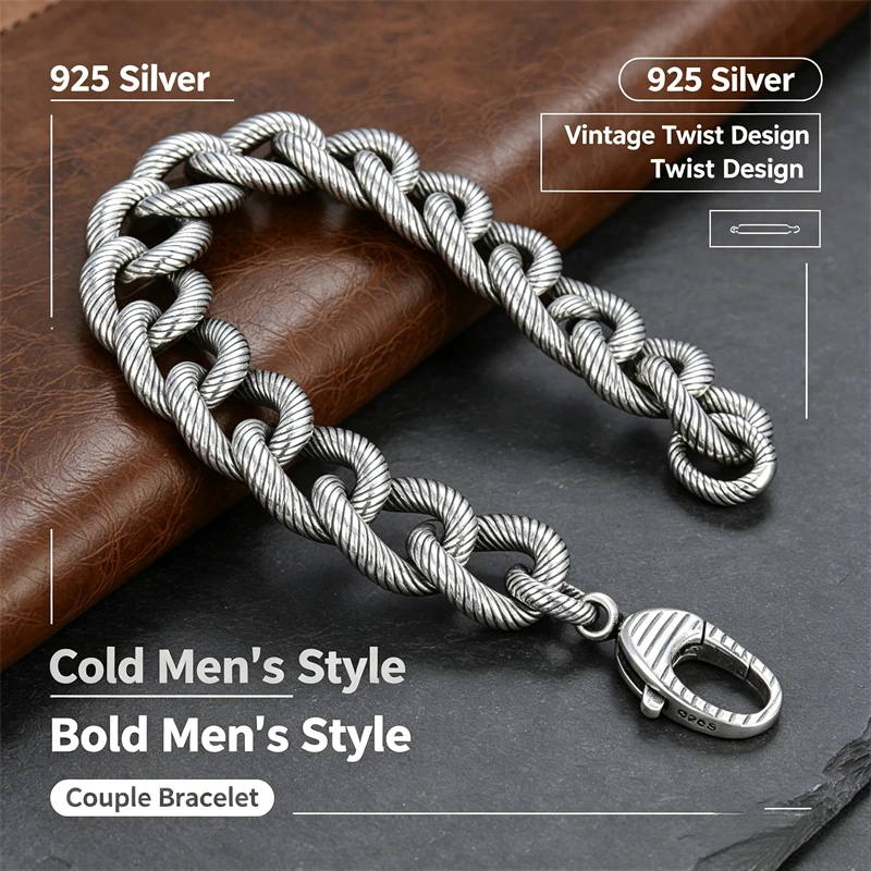 ouyadi-s925-スターリングシルバーカップルレトロ厚いツイストロープテクスチャブレスレットファッショナブルな男性と女性の手首ジュエリーギフト