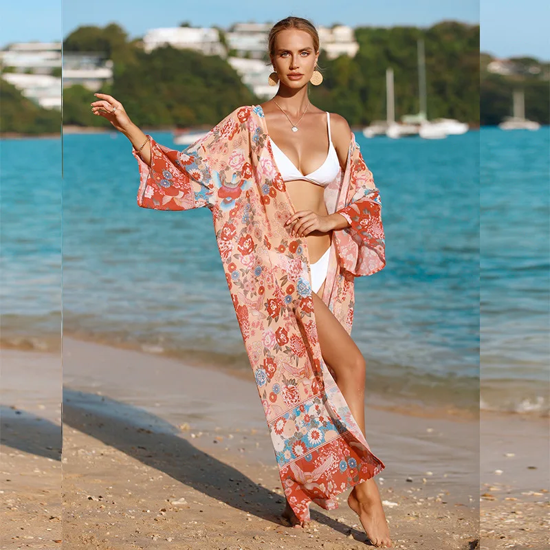 Abito lungo con stampa floreale per donna abiti estivi in Cardigan abito da sole in Chiffon Maxi Bohemian Swimming Bath Eixts Outifts camicetta