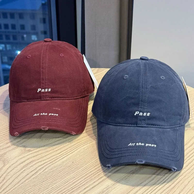 Korean Frayed Vintage Baseball Cap – Letter Embroidery Soft Crown Hat, Textured Stripe Design, Slimming Daily Wear