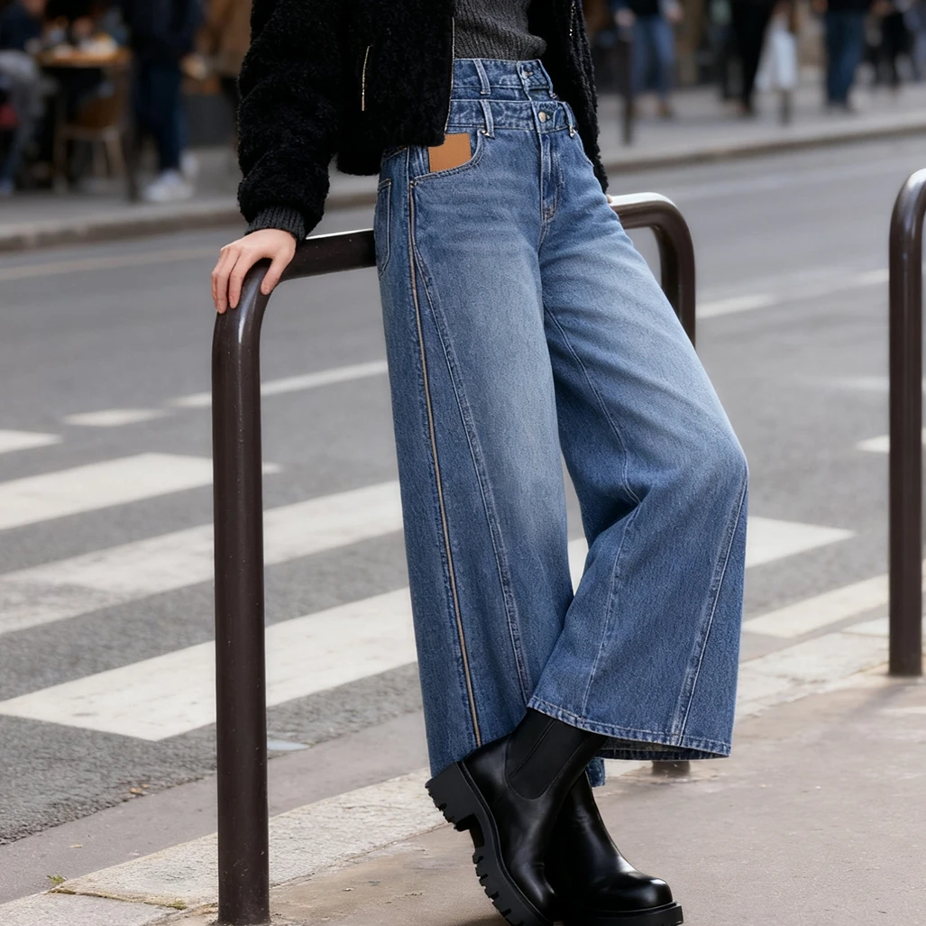 Jean taille haute en Polyester bleu à jambes larges pour femmes, avec fermeture à double bouton, poches avant, pantalon en Denim à jambes larges