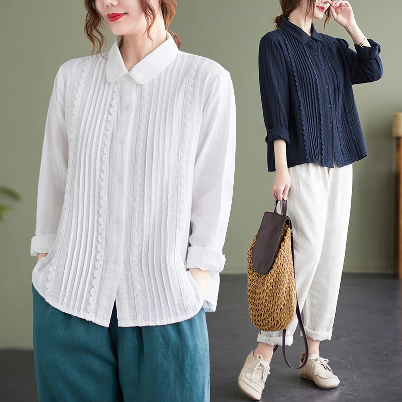 French Fashion Women Blouse Double Yarn Cotton Long Sleeves Loose Blouse for Sweet Lady Lace Patched Single Breast