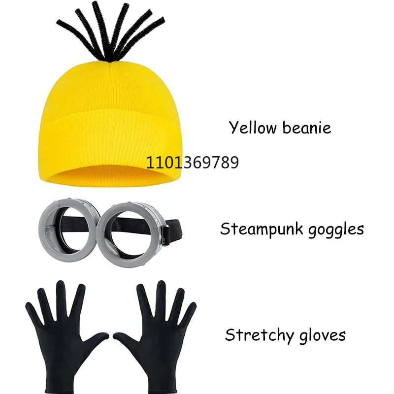 Anime Despicable Me Minions Cosplay Costume Yellow Beanie Stretchy Gloves Steampunk Goggles Halloween Party Costumes for Adult