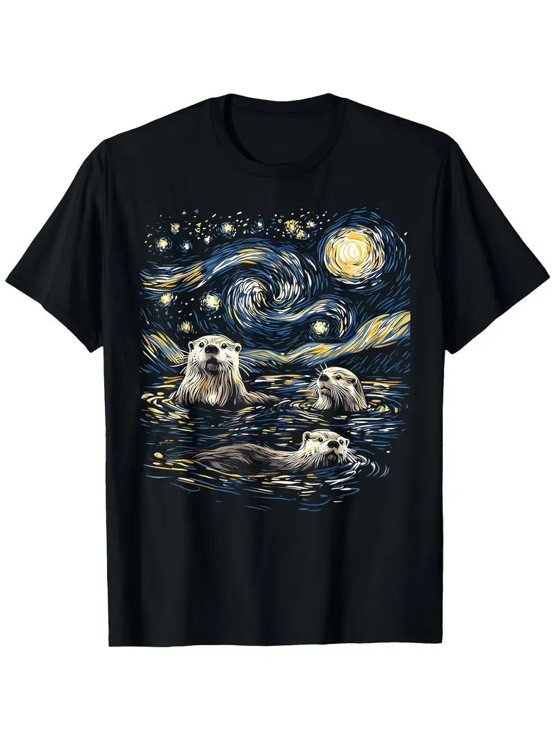 Van Gogh Starry Night Otters Art T-Shirt With Three Otters And Swirling Yellow Green Print S To Xxxl Short Sleeve Crew Neck
