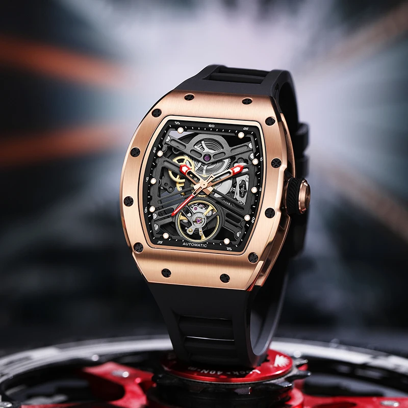 CHANCE JC-9-190G-13 Orologio automatico rettangolare da uomo di lusso Orologio da polso meccanico scheletrato di moda Orologio da uomo con zaffiro