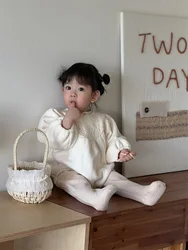 2024 Winter New Baby Long Sleeve Bodysuit Solid Newborn Clothes Plus Velvet Thick Infant Girl Cotton Warm Lace Jumpsuit 0-24M