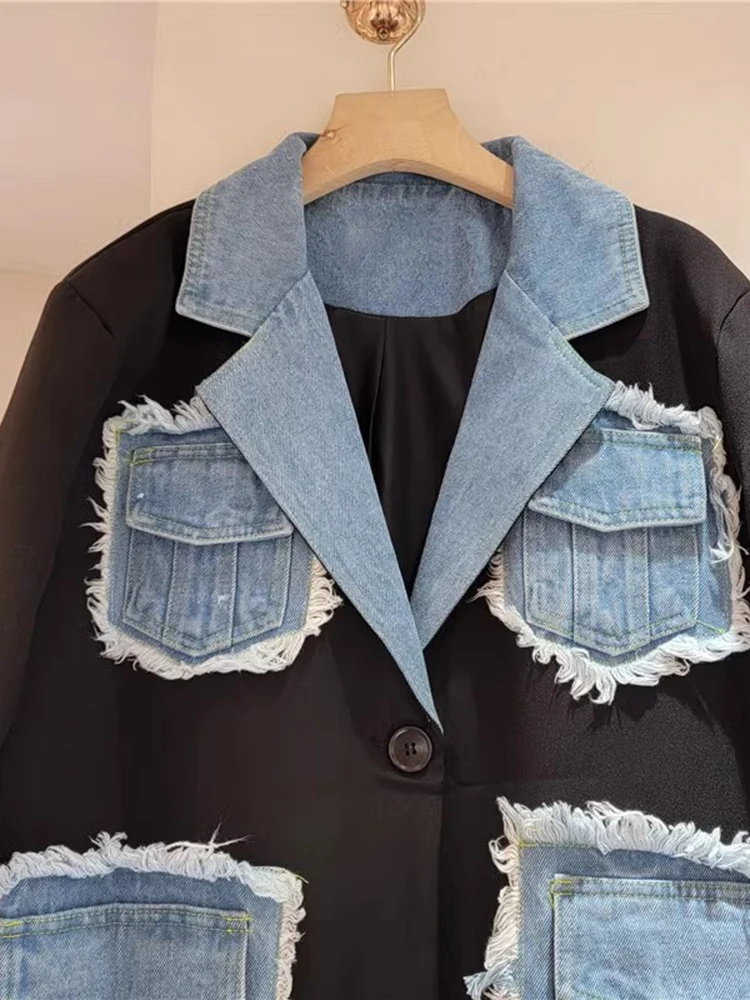 CHICEVER-Blazer en denim patchwork pour femme, col cranté, manches longues, Hit Document At, ourlet brut, vêtements féminins, automne, nouveau
