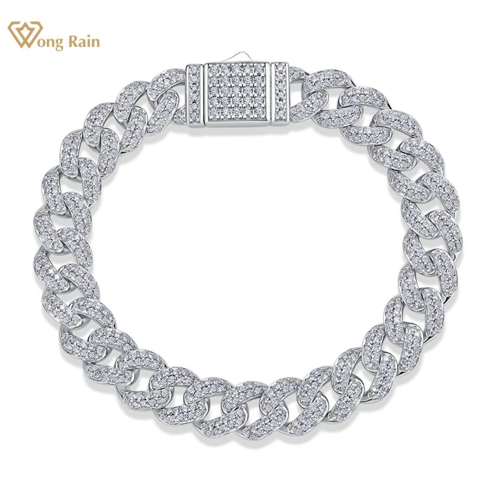 Wong Rain 100% 925 Sterling Silver 3EX D Color Real Moissanite Diamonds Gemstone 10 MM Cuba Chain Bracelets Bangle Fine Jewelry