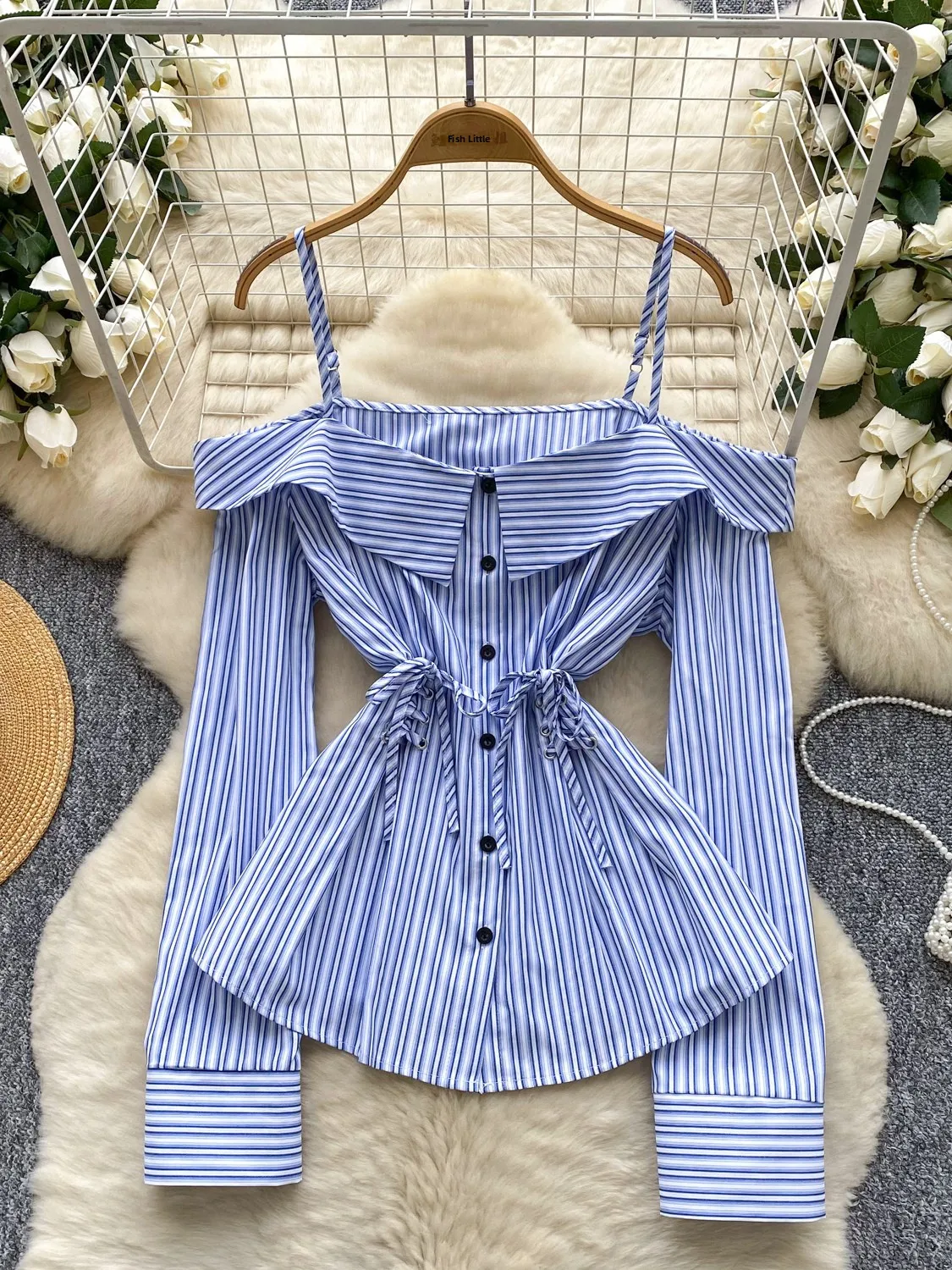 

Korean Sle Chic Striped irt Women's Svel Tie Waist Single Button Top Breathable Polyester Fiber Long Sve Commute