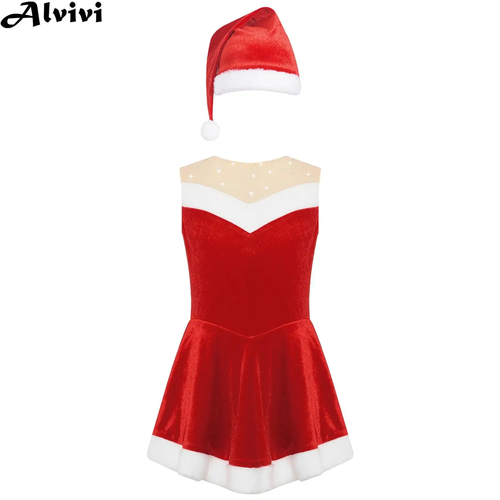 Kid Girls Christmas Figure Skating Ballet Dance Dress Sleeveless Leotard Tutu with Hat Xmas New Year Santa Claus Cosplay Costume