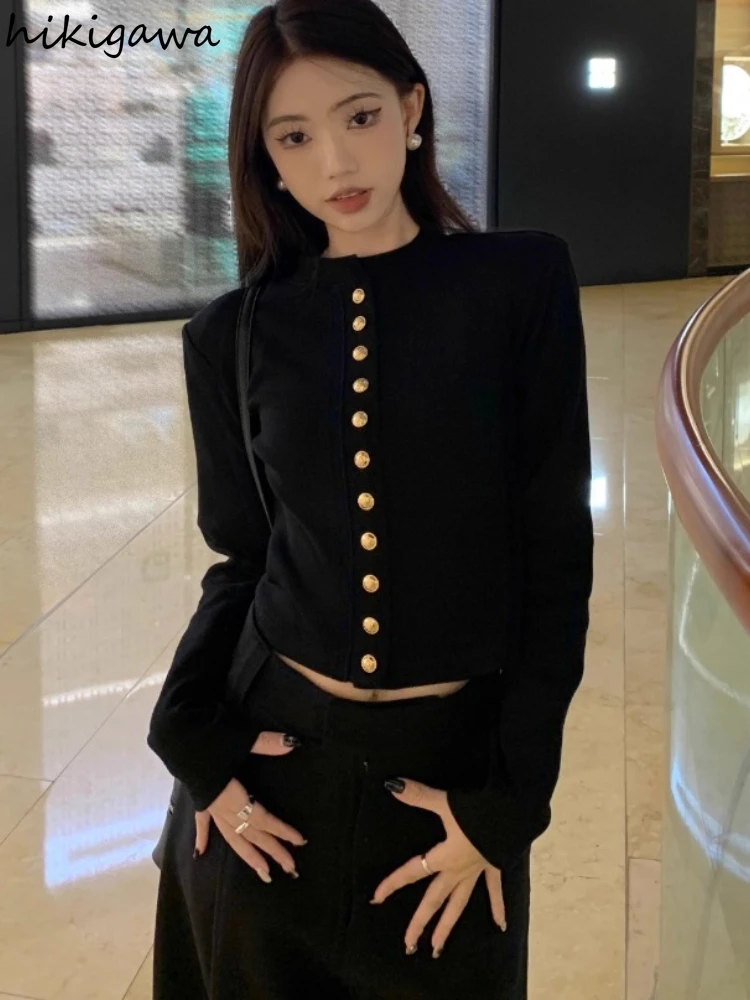 Black Cropped Cardigan Coat Women\'s Clothing Half High Collar Long Sleeve Sueter Mujer Tunic Knit Temperament Sweater Pull Femme