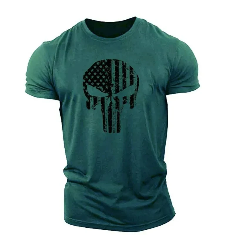 Men\'s Skull 3D Printed T-Shirt Short Sleeve Casual Sports Shirt Quick Drying Army Green 6XL