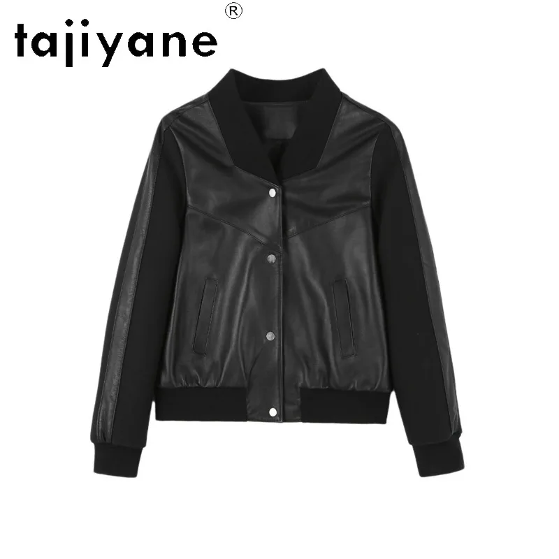 TAJIYANE Genuine Sheepskin Cropped Leather Jacket Woman Black Leather Coat Long Sleeve Jackets for Woman Top Threaded Collar 자켓